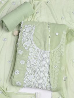MEENA BAZAAR - Cotton Green Thread Work Unstitched Kurta with Unstitched Pant and Dupatta