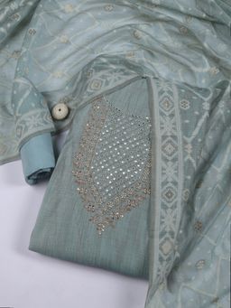 MEENA BAZAAR - Chanderi Embroidered Green Unstitched Kurta with Unstitched Pant and Dupatta