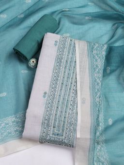 MEENA BAZAAR - Linen Green Embroidered Unstitched Kurta with Unstitched Pant and Dupatta