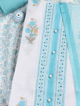 MEENA BAZAAR - Linen Blue Printed Unstitched Kurta with Unstitched Pant and Dupatta