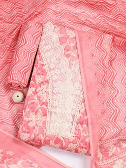 MEENA BAZAAR - Cotton Pink Floral Unstitched Kurta with Unstitched Pant and Dupatta