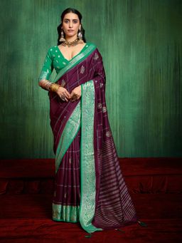 MEENA BAZAAR - Women Wine Art Silk Woven Saree Without Blouse