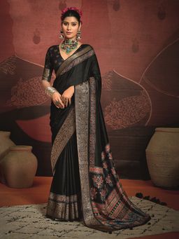 MEENA BAZAAR - Women Black Art Silk Floral Printed Saree Without Blouse