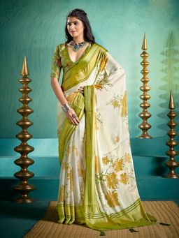 MEENA BAZAAR - Women Off White Georgette Floral Printed Saree Without Blouse