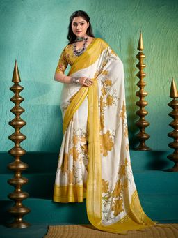 MEENA BAZAAR - Women Mustard Georgette Floral Printed Saree Without Blouse