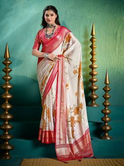 MEENA BAZAAR - Women Red Georgette Floral Printed Saree Without Blouse