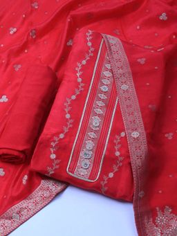 MEENA BAZAAR - Chanderi Red Floral Unstitched Kurta with Unstitched Pant and Dupatta