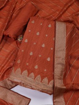 MEENA BAZAAR - Art Silk Rust Woven Unstitched Kurta with Unstitched Pant and Dupatta