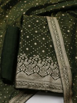 MEENA BAZAAR - Art Silk Green Woven Unstitched Kurta with Unstitched Pant and Dupatta