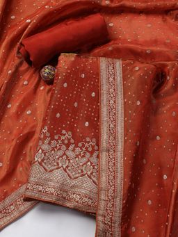 MEENA BAZAAR - Art Silk Woven Rust Unstitched Kurta with Unstitched Pant and Dupatta