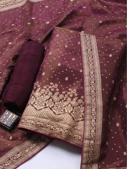 MEENA BAZAAR - Art Silk Wine Woven Unstitched Kurta with Unstitched Pant and Dupatta