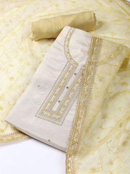 MEENA BAZAAR - Tissue Cream Embroidered Unstitched Kurta with Unstitched Pant and Dupatta