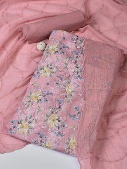 MEENA BAZAAR - Cotton Floral Pink Unstitched Kurta with Unstitched Pant and Dupatta