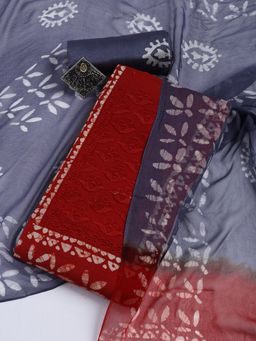 MEENA BAZAAR - Cotton Red Printed Unstitched Kurta with Unstitched Pant and Dupatta
