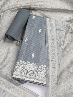 MEENA BAZAAR - Chanderi Grey Embroidered Unstitched Kurta with Unstitched Pant and Dupatta