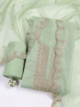 MEENA BAZAAR - Green Cotton Embroidered Unstitched Kurta with Unstitched Pant and Dupatta