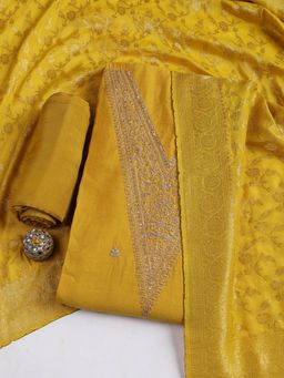 MEENA BAZAAR - Chanderi Embroidered Mustard Unstitched Kurta with Unstitched Pant and Dupatta