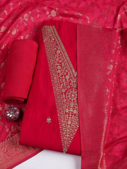 MEENA BAZAAR - Chanderi Embroidered Red Unstitched Kurta with Unstitched Pant and Dupatta