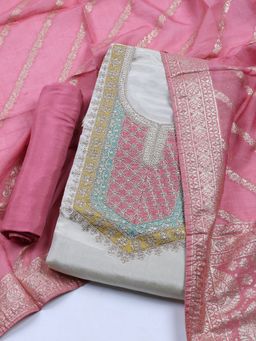 MEENA BAZAAR - Tissue Pink Embroidered Unstitched Kurta with Unstitched Pant and Dupatta