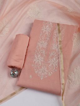 MEENA BAZAAR - Cotton Peach Embroidered Unstitched Kurta with Unstitched Pant and Dupatta