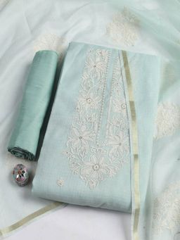 MEENA BAZAAR - Cotton Green Embroidered Unstitched Kurta with Unstitched Pant and Dupatta