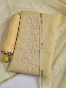 MEENA BAZAAR - Beige Cotton Embroidered Unstitched Kurta with Unstitched Pant and Dupatta