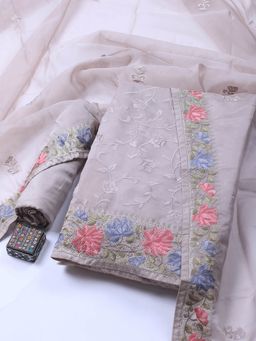 MEENA BAZAAR - Organza Grey Embroidered Unstitched Kurta with Unstitched Pant and Dupatta