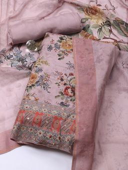 MEENA BAZAAR - Muslin Purple Floral Unstitched Kurta with Unstitched Pant and Dupatta