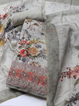 MEENA BAZAAR - Muslin Grey Floral Unstitched Kurta with Unstitched Pant and Dupatta