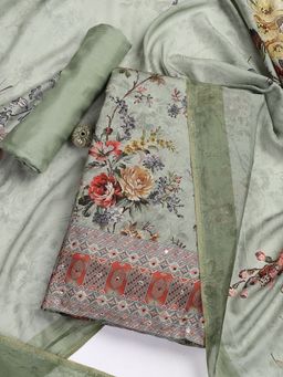 MEENA BAZAAR - Green Muslin Floral Unstitched Kurta with Unstitched Pant and Dupatta
