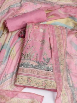 MEENA BAZAAR - Muslin Pink Floral Unstitched Kurta with Unstitched Pant and Dupatta
