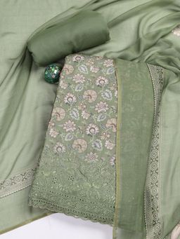 MEENA BAZAAR - Muslin Olive Printed Unstitched Kurta with Unstitched Pant and Dupatta