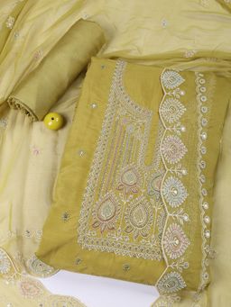 MEENA BAZAAR - Women Chanderi Green Embroidered Unstitched Kurta with Unstitched Pant and Dupatta