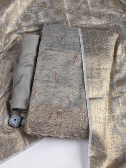 MEENA BAZAAR - Grey Chanderi Embroidered Unstitched Kurta with Unstitched Pant and Dupatta
