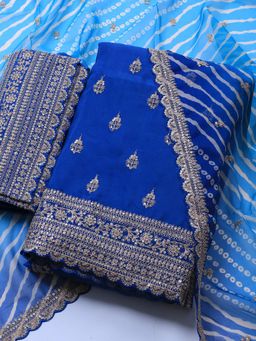 MEENA BAZAAR - Art Silk Blue Embroidered Unstitched Kurta with Unstitched Pant and Dupatta