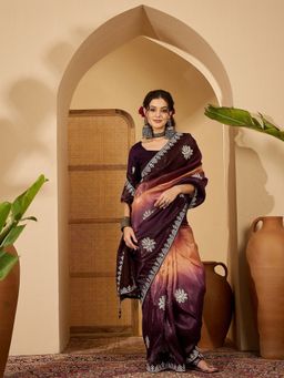 FABMORA - Women Brown Organza Embroidered Saree with Unstitched Blouse