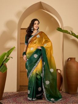 FABMORA - Women Green Organza Embroidered Saree with Unstitched Blouse