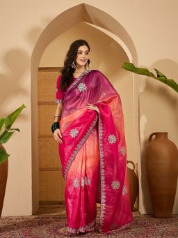 FABMORA - Women Pink Organza Embroidered Saree with Unstitched Blouse