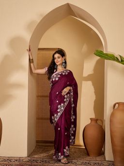 FABMORA - Women Wine Silk Blend Embroidered Saree with Unstitched Blouse