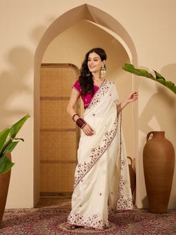 FABMORA - Women White Silk Blend Embroidered Saree with Unstitched Blouse