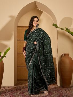 FABMORA - Women Green Organza Embroidered Saree with Unstitched Blouse