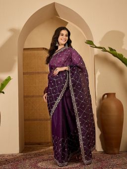 FABMORA - Women Purple Organza Embroidered Saree with Unstitched Blouse