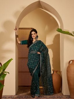 FABMORA - Women Green Organza Embroidered Saree with Unstitched Blouse