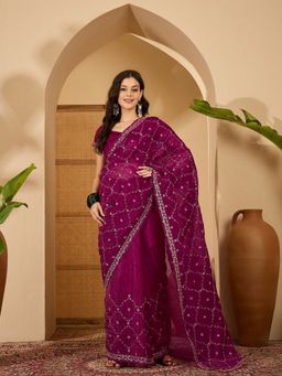 FABMORA - Women Wine Organza Embroidered Saree with Unstitched Blouse