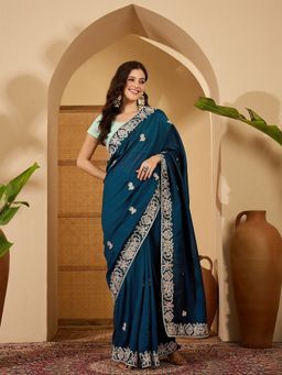 FABMORA - Women Teal Silk Blend Embroidered Saree with Unstitched Blouse