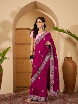 FABMORA - Women Wine Silk Blend Embroidered Saree with Unstitched Blouse