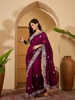 FABMORA - Women Maroon Silk Blend Embroidered Saree with Unstitched Blouse