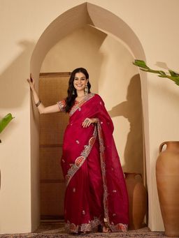 FABMORA - Women Red Organza Embroidered Saree with Unstitched Blouse