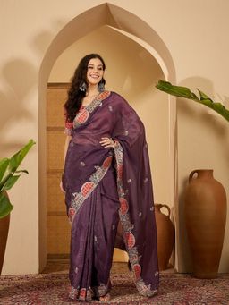 FABMORA - Women Purple Organza Embroidered Saree with Unstitched Blouse