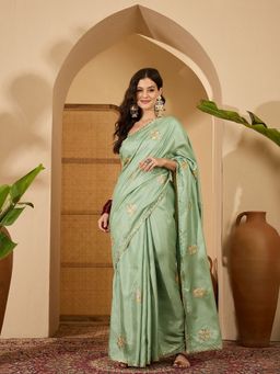 FABMORA - Women Green Silk Blend Embroidered Saree with Unstitched Blouse
